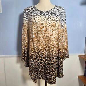 Ruby Rd. Large White Brown Animal Print Floral Rhinestone 3/4 Sleeve Tee Blouse